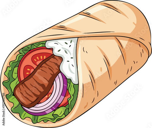 Delicious Gyro Wrap with Grilled Meat and Fresh Vegetables.