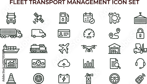 Fleet transport management outline icon set featuring logistics tracking maintenance warehouse interface symbols for transportation applications