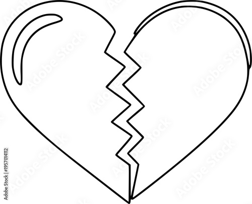 A heart broken in half with a crack in the middle. Drawing in one line art style with editable black stroke