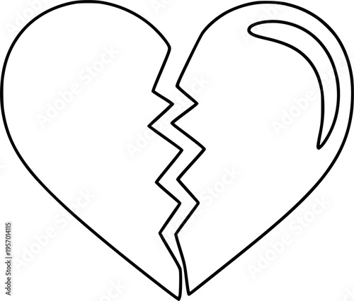 A heart broken in half with a crack in the middle. Drawing in one line art style with editable black stroke
