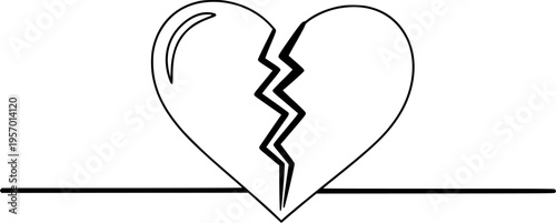 A heart broken in half with a crack in the middle. Drawing in one line art style with editable black stroke