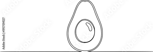 A half of a ripe avocado with a pit on a horizontal line. Drawing in one line art style with editable black stroke