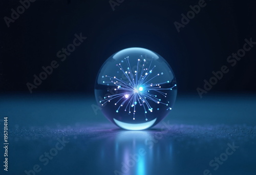 A close-up photograph of a crystal-clear glass sphere resting on a dark, reflective surface. 