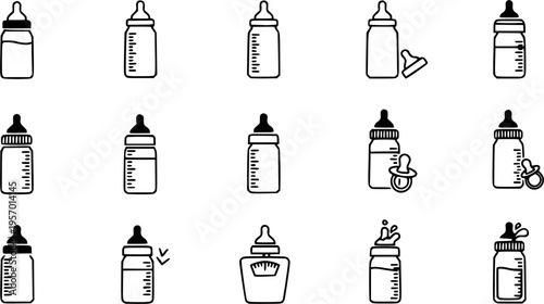 Baby bottle icons set black and white illustrations 