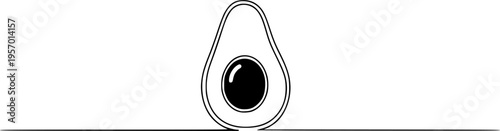 A half of a ripe avocado with a pit on a horizontal line. Drawing in one line art style with editable black stroke