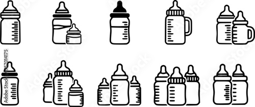 Baby bottle icons set black and white illustrations 