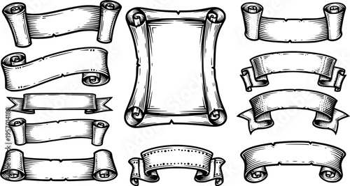 A scroll or banner parchment paper ribbon band in a vintage woodcut style