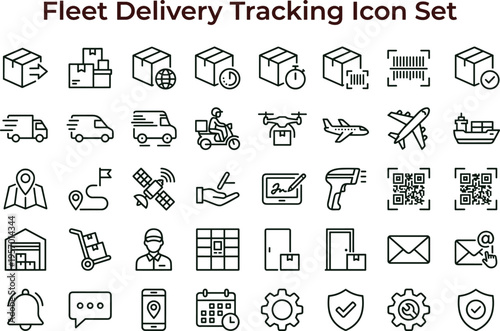 Fleet delivery tracking outline icon set featuring logistics transportation shipment monitoring warehouse interface symbols for supply chain applications