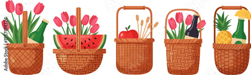 Wicker Basket Illustration Set with Flowers Fruits and Picnic Items in Flat Style for Spring Design, Market Produce, Gardening Theme, and Rustic Lifestyle Graphics