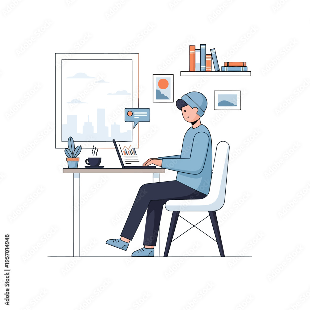 Fototapeta premium Young man working on laptop at desk with coffee and plant, city view window