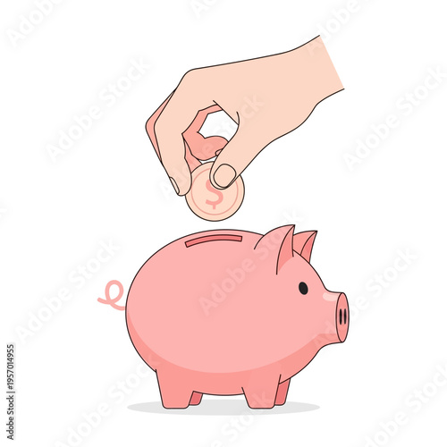 Hand dropping coin into pink piggy bank for savings and investment concept