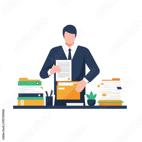 Accountant Organizing Documents, Stacks of Paperwork, Office Workflow
