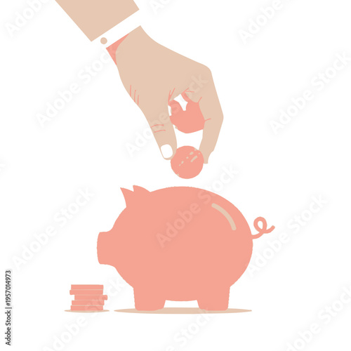 Hand dropping coin into piggy bank, saving money concept, isolated on white background