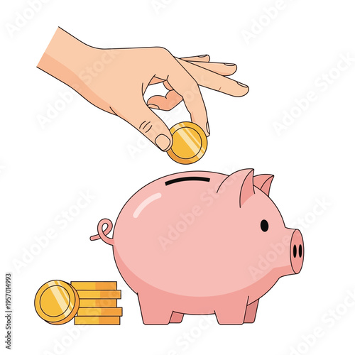 Hand dropping coin into pink piggy bank, saving money concept, financial growth, illustration