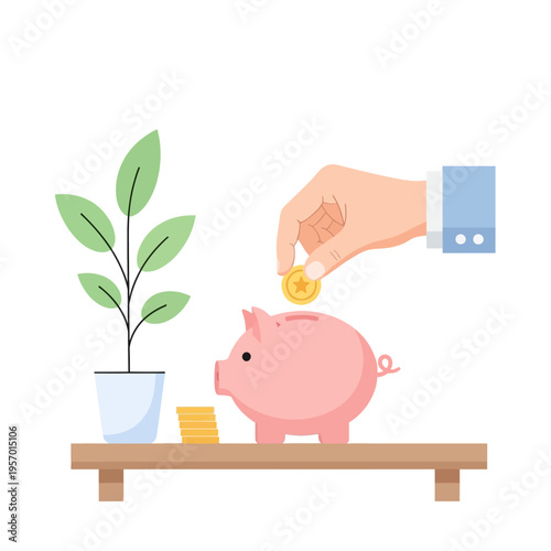 Hand inserting coin into piggy bank with growing plant and coins, saving money concept