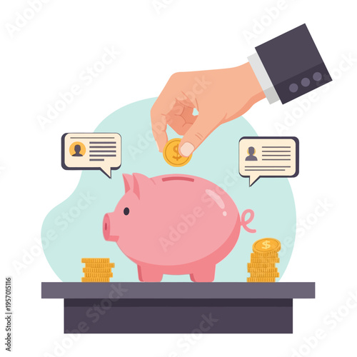 Hand inserting coin into piggy bank with growing money stacks and notification icons