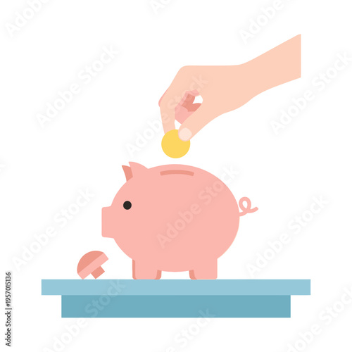 Hand inserting coin into pink piggy bank for saving money concept