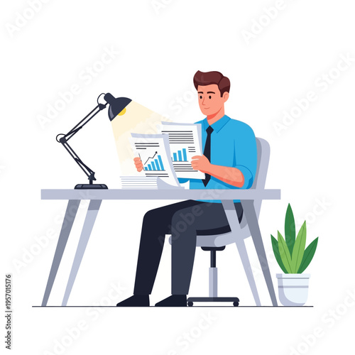 Businessman reviewing financial charts and documents at desk with lamp
