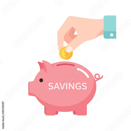 Hand inserting coin into pink piggy bank labeled SAVINGS