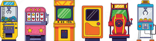Arcade machines set with claw game slot machine racing and retro gaming cabinets colorful vector illustration collection