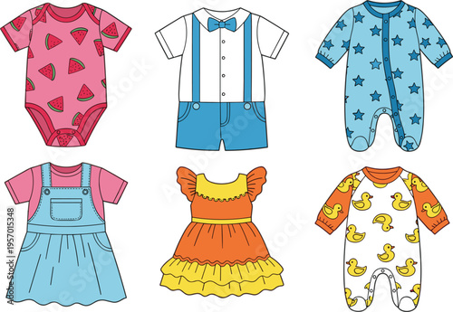 Baby clothes collection with bodysuits dresses and rompers cute kids fashion outfits cartoon vector illustration set
