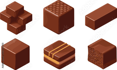 Chocolate candies collection with different shapes pralines bars and filled sweets dessert vector illustration set isolated