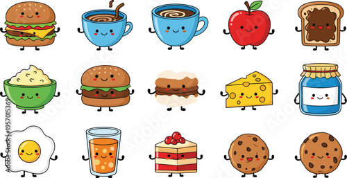 Cute food characters set with burger coffee apple cheese cake and snacks kawaii cartoon vector illustration collection