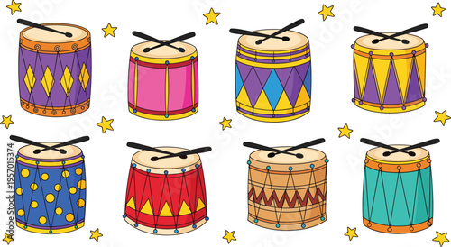 Colorful drum collection with different patterns musical percussion instruments cartoon vector illustration set isolated