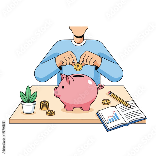 Person saving money in piggy bank with coins, plant, and financial chart book