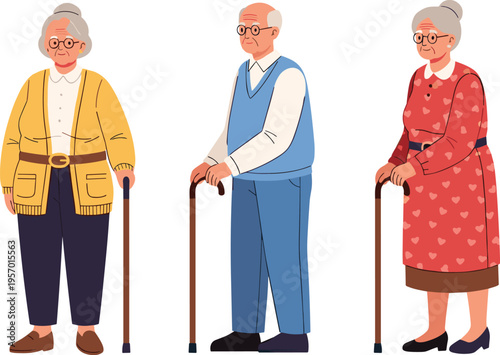 Elderly people characters with walking sticks senior men and women standing cartoon vector illustration collection
