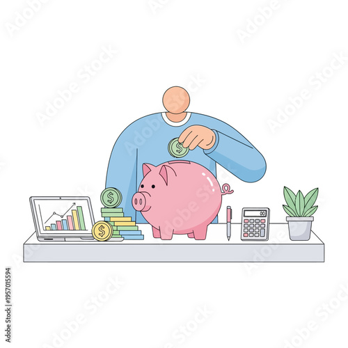 Person Saving Money Piggy Bank Coin Calculator Laptop Plant Financial Growth