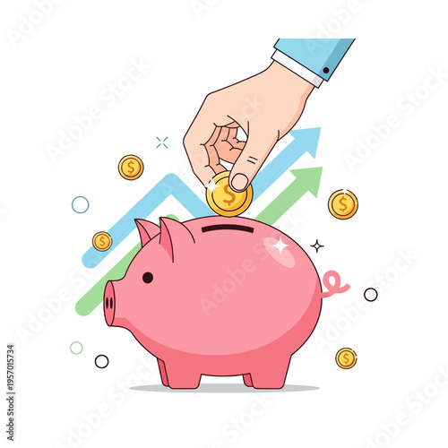 Piggy bank with rising arrow graph, coin deposit for financial growth and savings