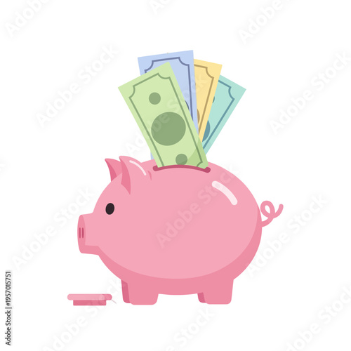 Pink Piggy Bank Filled with Colorful Banknotes, Saving Money Concept