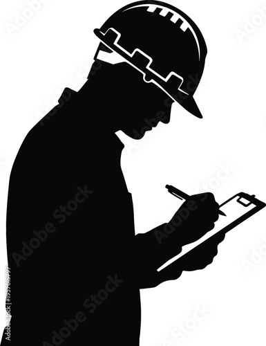 Industrial engineer silhouette wearing hard hat writing on clipboard professional construction inspector site manager or foreman character isolated on white vector