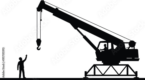 Industrial mobile crane silhouette with operator in cabin and banksman signaling for heavy lifting operations at construction site engineering vector illustration