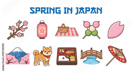 Ten illustrated icons representing elements of Spring in Japan arranged in two rows
