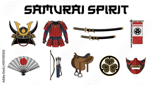 Collection of illustrated Japanese samurairelated items under bold black text