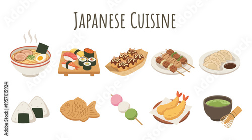 A clean white background displays ten illustrations of various Japanese cuisine items