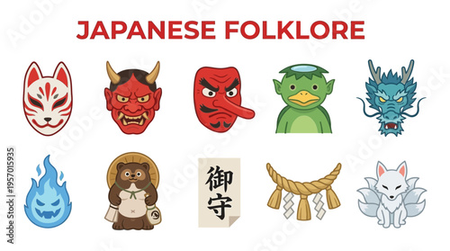 Ten illustrations representing Japanese folklore elements against a white background