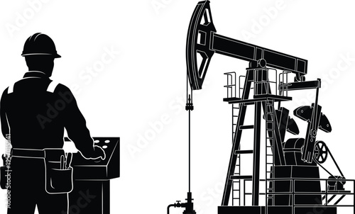 Industrial petroleum worker silhouette operating control panel near pump jack drilling rig professional engineer character extraction energy fuel production vector