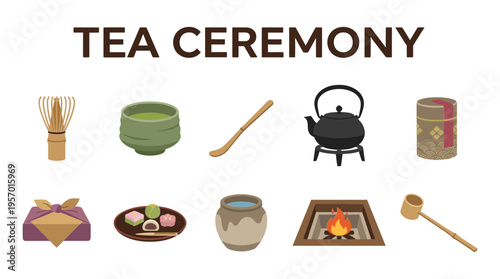 Japanese tea ceremony implements displayed in two rows