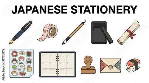 A collection of cute illustrated Japanese stationery items arranged in two rows