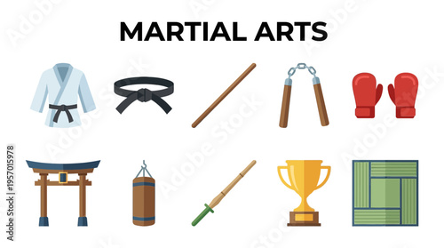 Collection of martial artsrelated icons including uniform belt weapons and gear