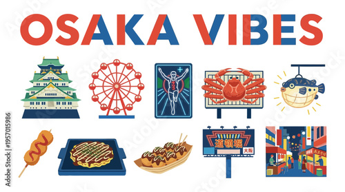 OSAKA VIBES text above icons of Osaka landmarks food and neon art