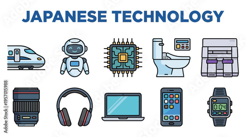 Illustration showing ten icons representing Japanese technology products and innovations