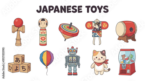 An illustration showcasing ten different traditional and modern Japanese toys on a white background