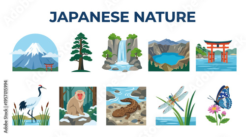 Ten illustrations depicting Japanese nature a mountain tree waterfall crater lake torii gate crane monkey salamander dragonfly and butterfly