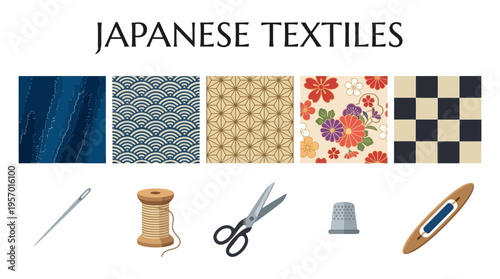 Five samples of Japanese textile patterns above five sewing tools on a white background