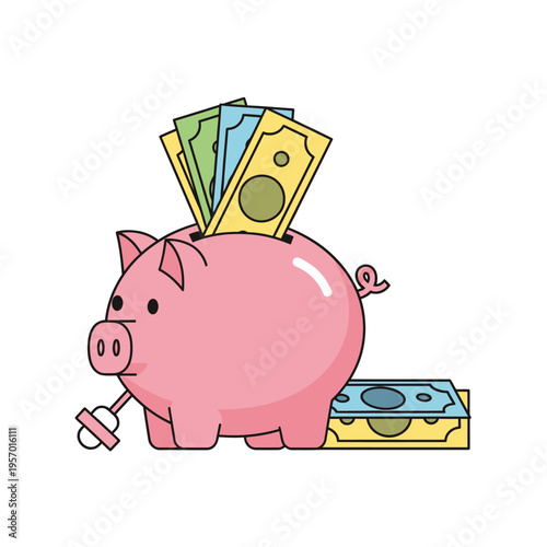 Pink Piggy Bank with Money Bills, Saving Concept