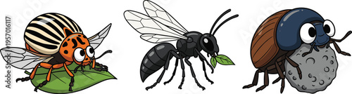 Insects collection with beetle ant and bug characters detailed cartoon style nature vector illustration set